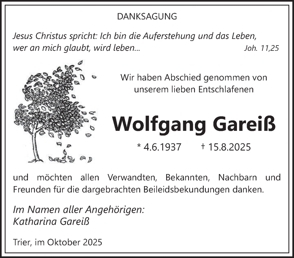  Traueranzeige für Wolfgang Gareiß vom 25.10.2025 aus trierischer_volksfreund