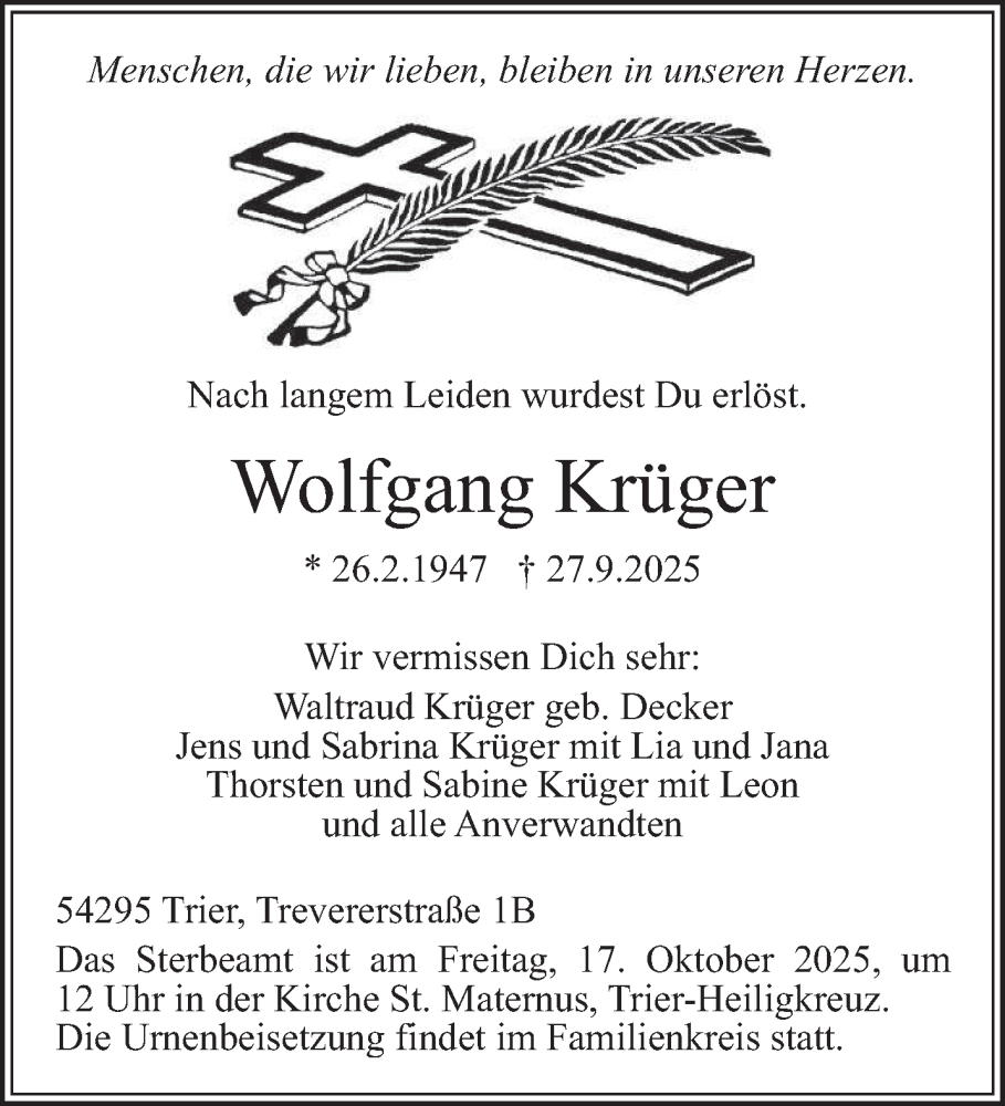  Traueranzeige für Wolfgang Krüger vom 11.10.2025 aus trierischer_volksfreund