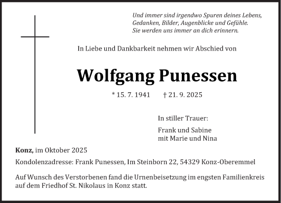 Traueranzeige von Wolfgang Punessen von trierischer_volksfreund
