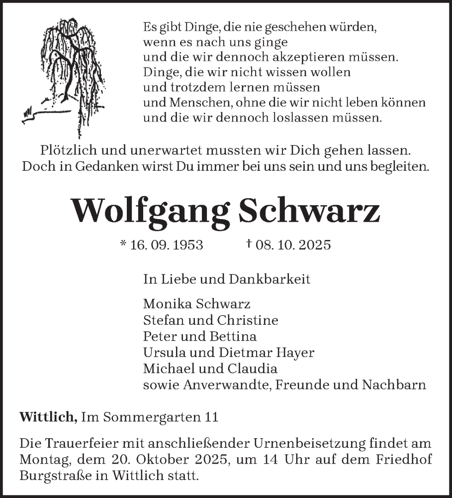  Traueranzeige für Wolfgang Schwarz vom 15.10.2025 aus trierischer_volksfreund