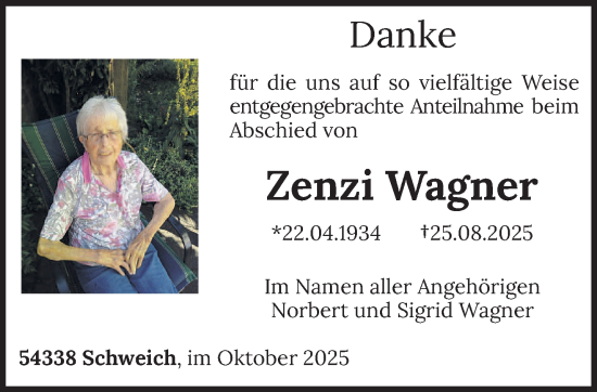 Traueranzeige von Zenzi Wagner von trierischer_volksfreund