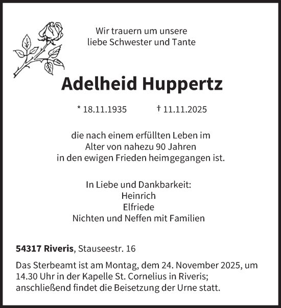 Traueranzeige von Adelheid Huppertz von trierischer_volksfreund