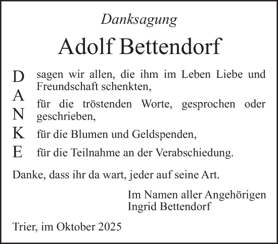 Traueranzeige von Adolf Bettendorf von trierischer_volksfreund