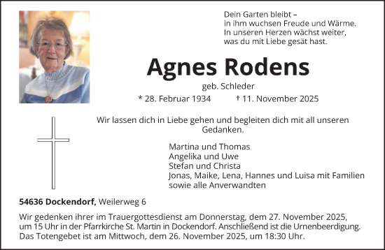 Traueranzeige von Agnes Rodens von trierischer_volksfreund