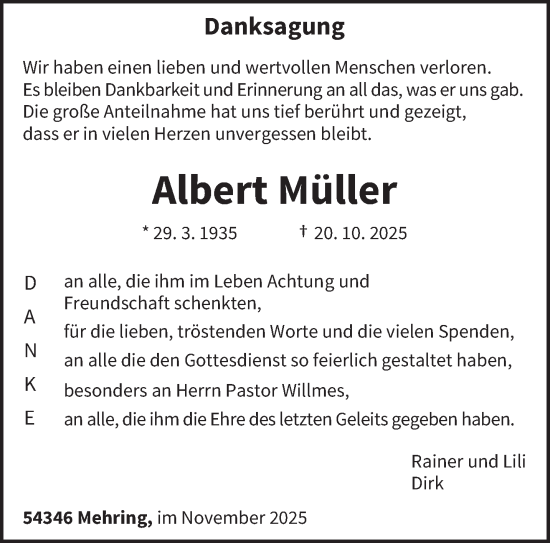 Traueranzeige von Albert Müller von trierischer_volksfreund