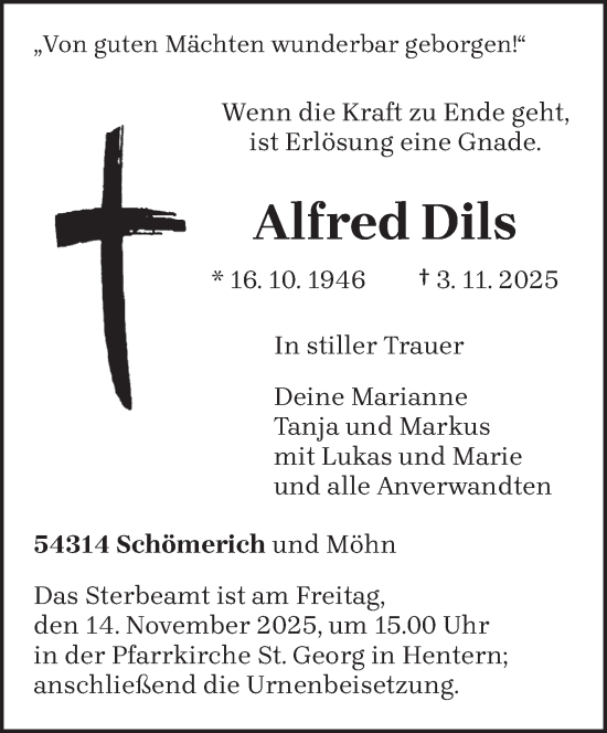 Traueranzeige von Alfred Dils von trierischer_volksfreund