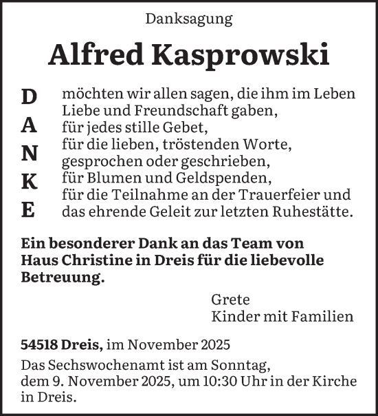 Traueranzeige von Alfred Kasprowski von trierischer_volksfreund