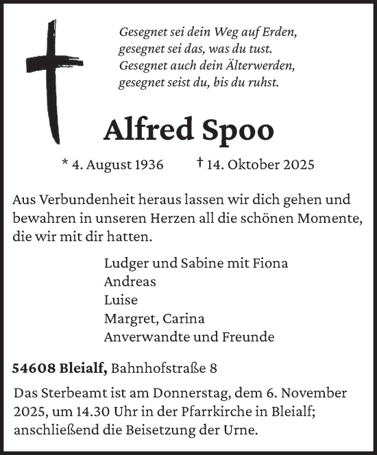 Traueranzeige von Alfred Spoo von trierischer_volksfreund