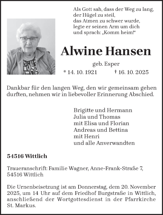 Traueranzeige von Alwine Hansen von trierischer_volksfreund