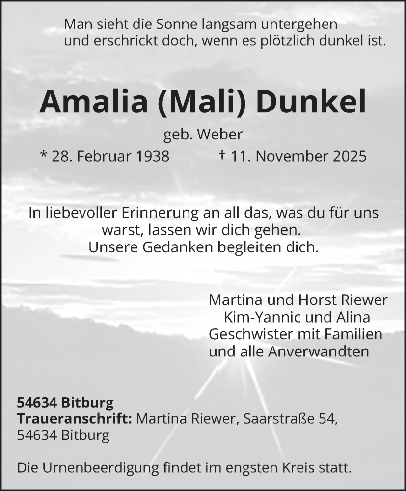  Traueranzeige für Amalia Dunkel vom 15.11.2025 aus trierischer_volksfreund
