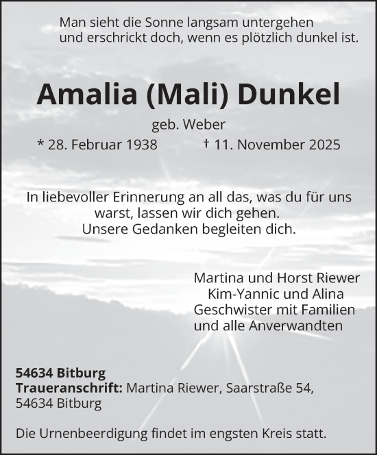 Traueranzeige von Amalia Dunkel von trierischer_volksfreund