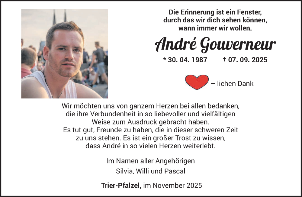  Traueranzeige für André Gouverneur vom 22.11.2025 aus trierischer_volksfreund