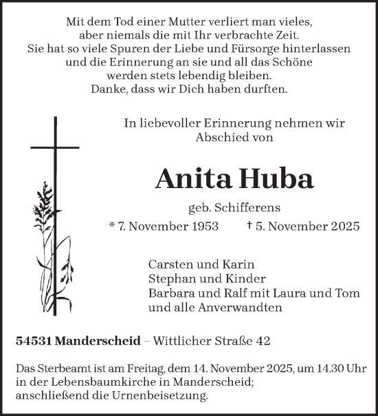 Traueranzeige von Anita Huba von trierischer_volksfreund