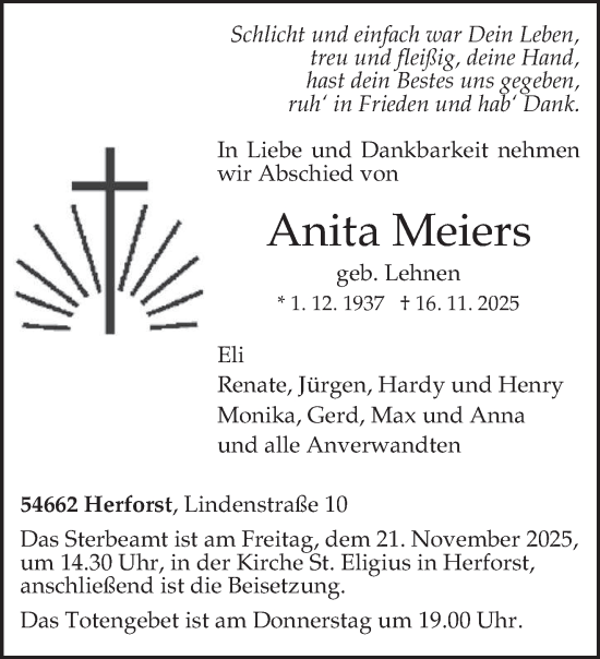 Traueranzeige von Anita Meiers von trierischer_volksfreund