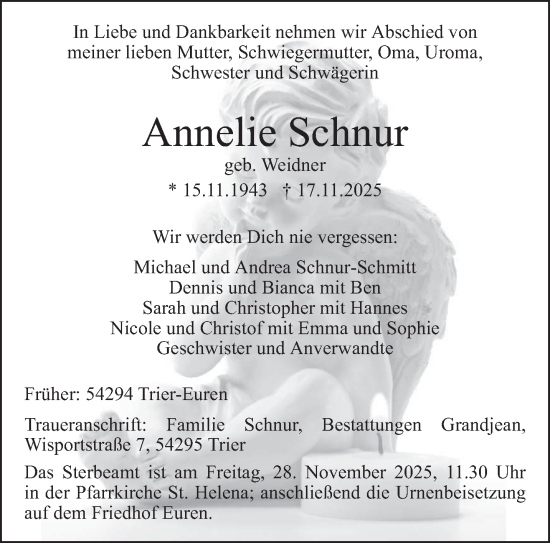 Traueranzeige von Annelie Schnur von trierischer_volksfreund