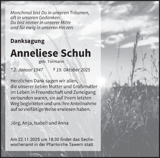 Traueranzeige von Anneliese Schuh von trierischer_volksfreund