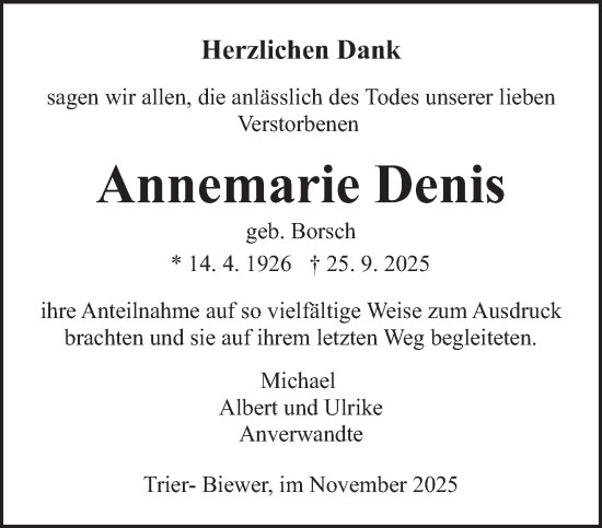 Traueranzeige von Annemarie Denis von trierischer_volksfreund