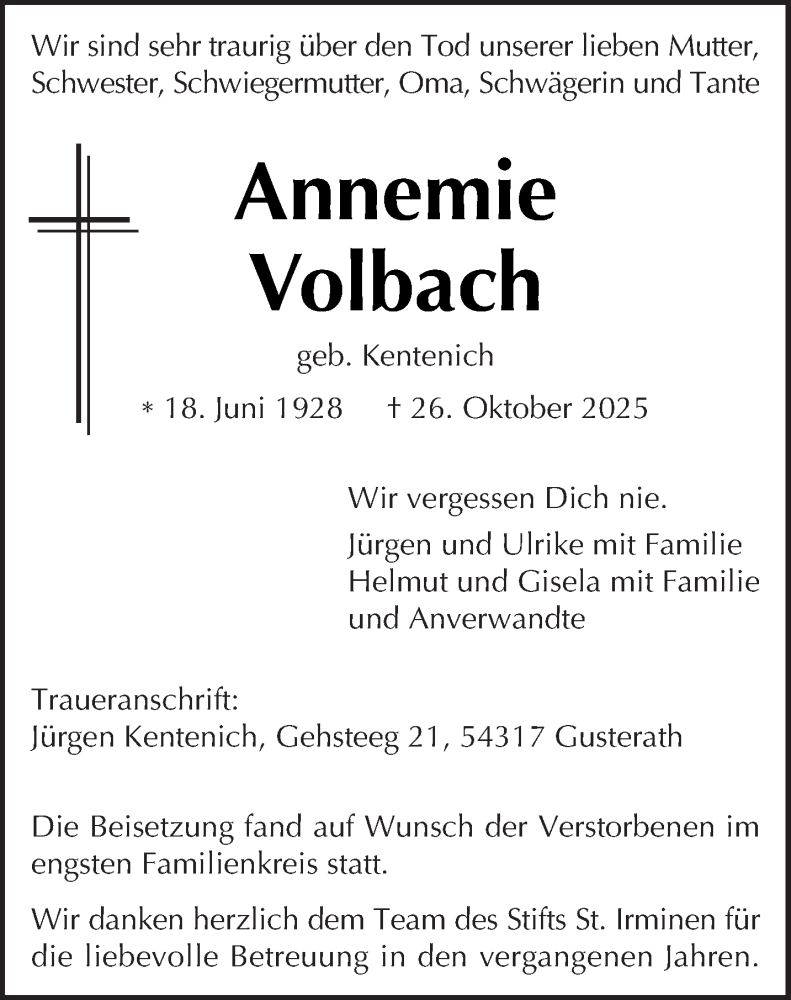  Traueranzeige für Annemie Volbach vom 15.11.2025 aus trierischer_volksfreund