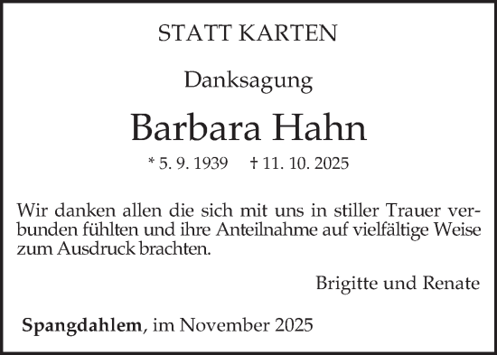 Traueranzeige von Barbara Hahn von trierischer_volksfreund