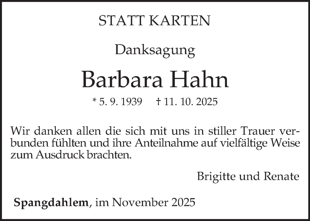  Traueranzeige für Barbara Hahn vom 22.11.2025 aus trierischer_volksfreund