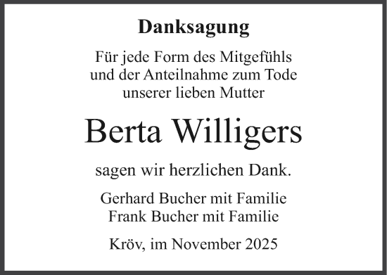 Traueranzeige von Berta Willigers von trierischer_volksfreund