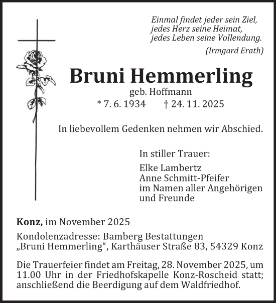 Traueranzeige von Bruni Hemmerling von trierischer_volksfreund