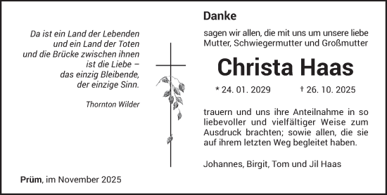 Traueranzeige von Christa Haas von trierischer_volksfreund