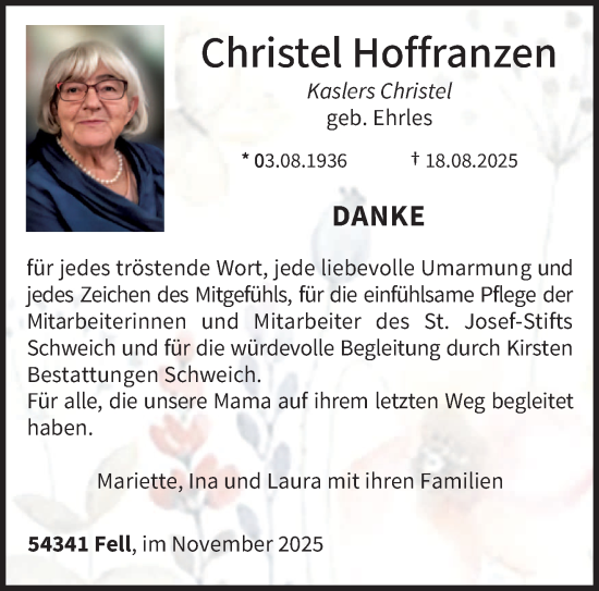 Traueranzeige von Christel Hoffranzen von trierischer_volksfreund