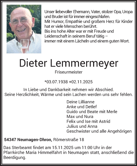 Traueranzeige von Dieter Lemmermeyer von trierischer_volksfreund