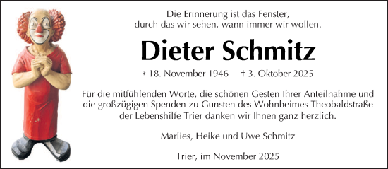 Traueranzeige von Dieter Schmitz von trierischer_volksfreund