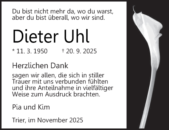 Traueranzeige von Dieter Uhl von trierischer_volksfreund