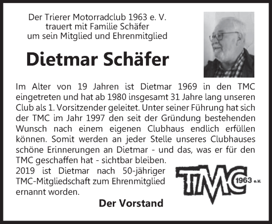 Traueranzeige von Dietmar Schäfer von trierischer_volksfreund
