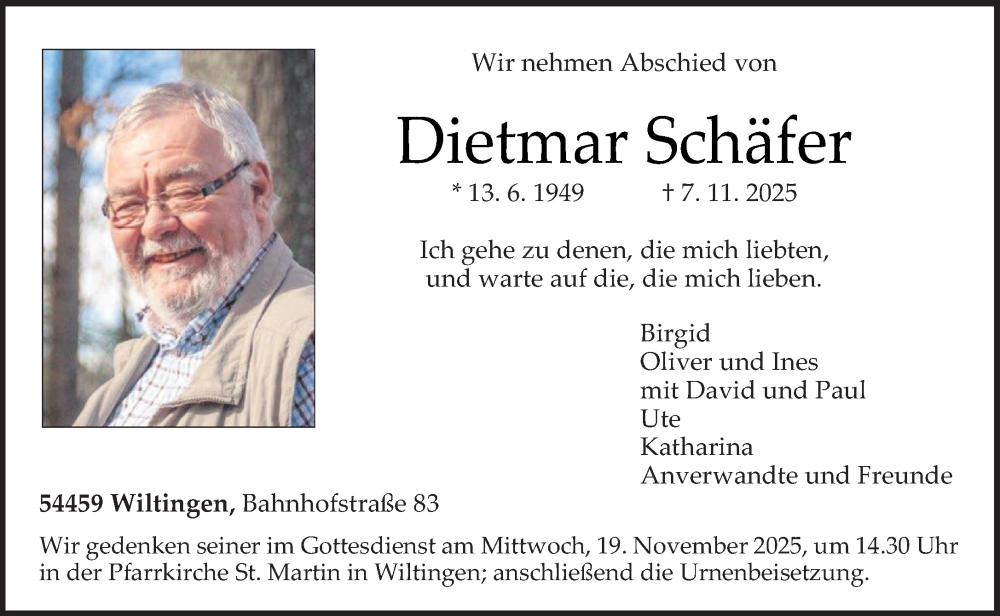  Traueranzeige für Dietmar Schäfer vom 15.11.2025 aus trierischer_volksfreund