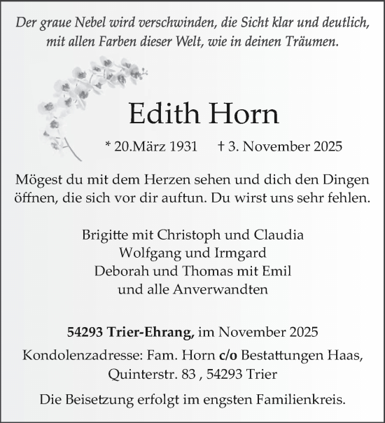 Traueranzeige von Edith Horn von trierischer_volksfreund