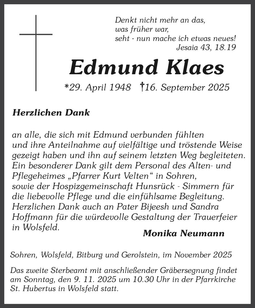  Traueranzeige für Edmund Klaes vom 05.11.2025 aus trierischer_volksfreund