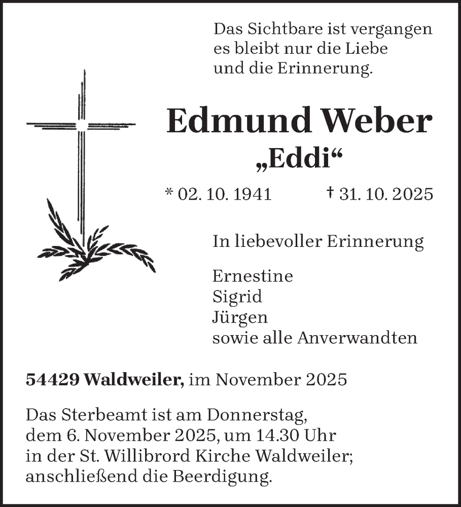  Traueranzeige für Edmund Weber vom 04.11.2025 aus trierischer_volksfreund