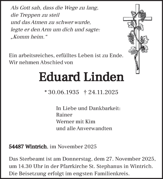 Traueranzeige von Eduard Linden von trierischer_volksfreund