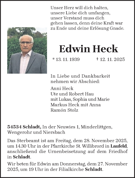 Traueranzeige von Edwin Heck von trierischer_volksfreund