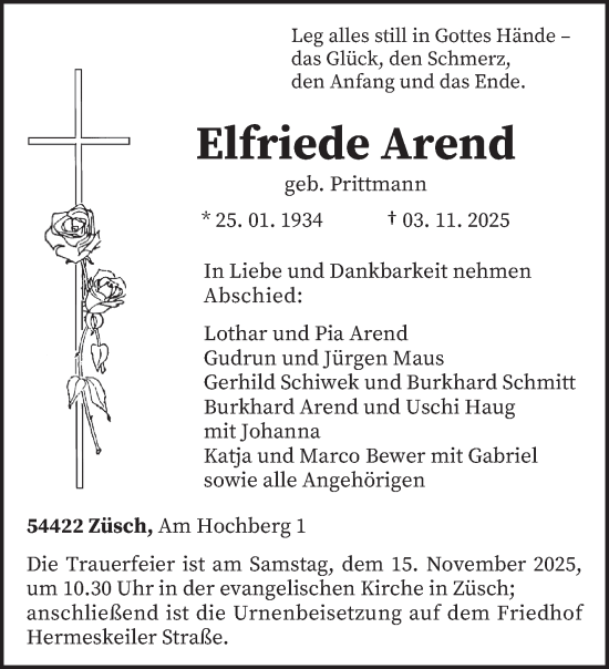 Traueranzeige von Elfriede Arend von trierischer_volksfreund