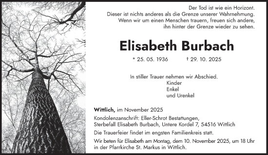 Traueranzeige von Elisabeth Burbach von trierischer_volksfreund