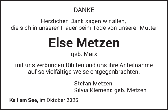 Traueranzeige von Else Metzen von trierischer_volksfreund