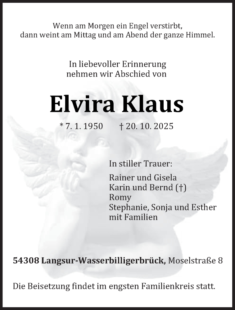  Traueranzeige für Elvira Klaus vom 31.10.2025 aus trierischer_volksfreund