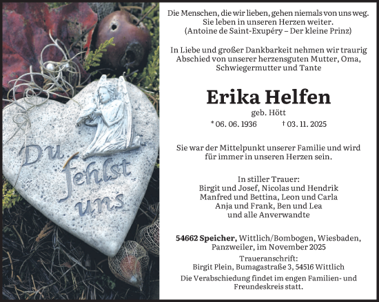 Traueranzeige von Erika Helfen von trierischer_volksfreund