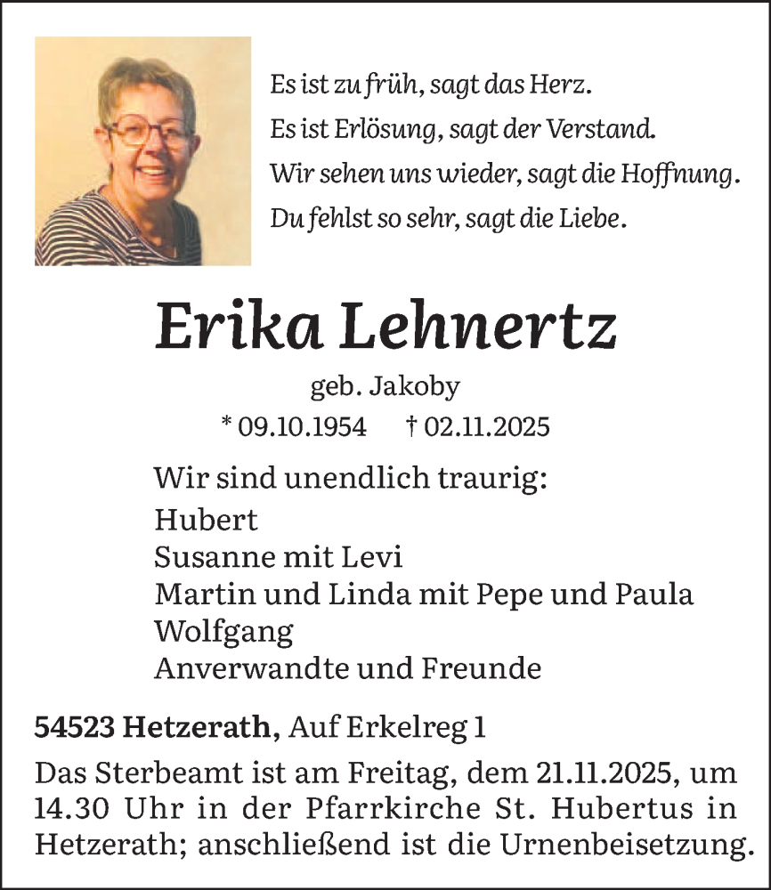  Traueranzeige für Erika Lehnertz vom 15.11.2025 aus trierischer_volksfreund