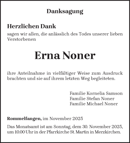 Traueranzeige von Erna Noner von trierischer_volksfreund
