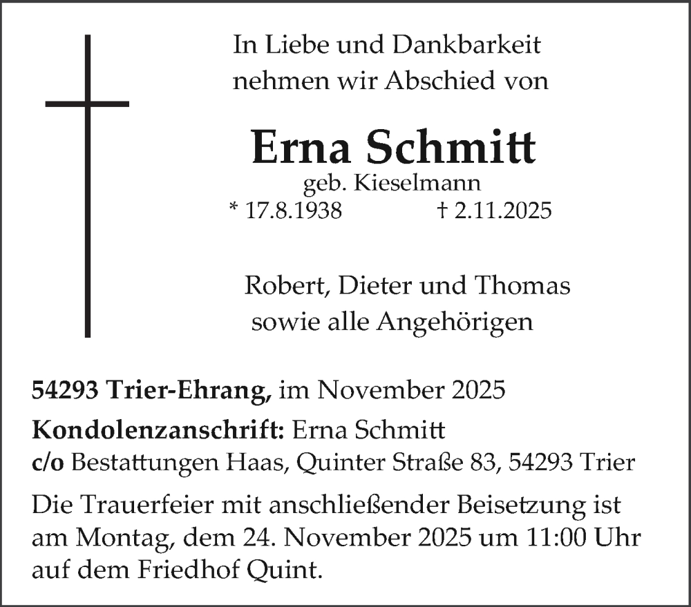  Traueranzeige für Erna Schmitt vom 15.11.2025 aus trierischer_volksfreund