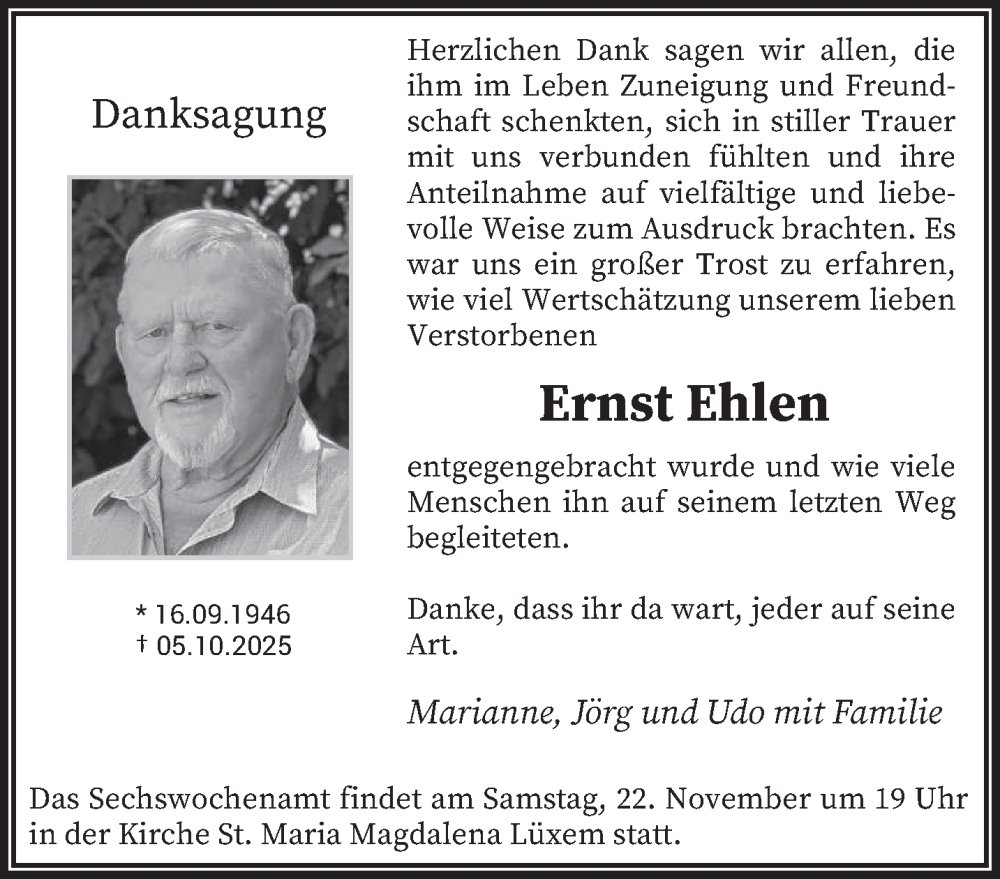  Traueranzeige für Ernst Ehlen vom 15.11.2025 aus trierischer_volksfreund