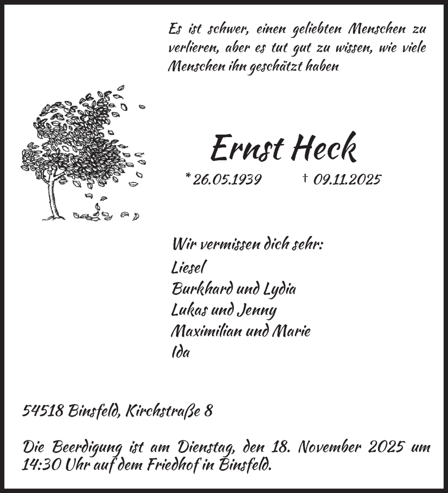  Traueranzeige für Ernst Heck vom 14.11.2025 aus trierischer_volksfreund
