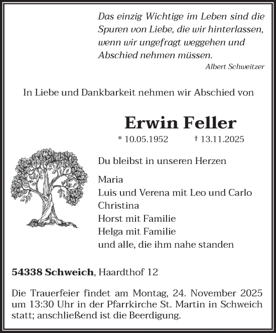 Traueranzeige von Erwin Feller von trierischer_volksfreund