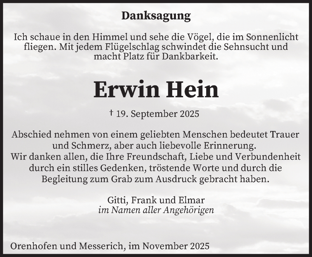  Traueranzeige für Erwin Hein vom 22.11.2025 aus trierischer_volksfreund
